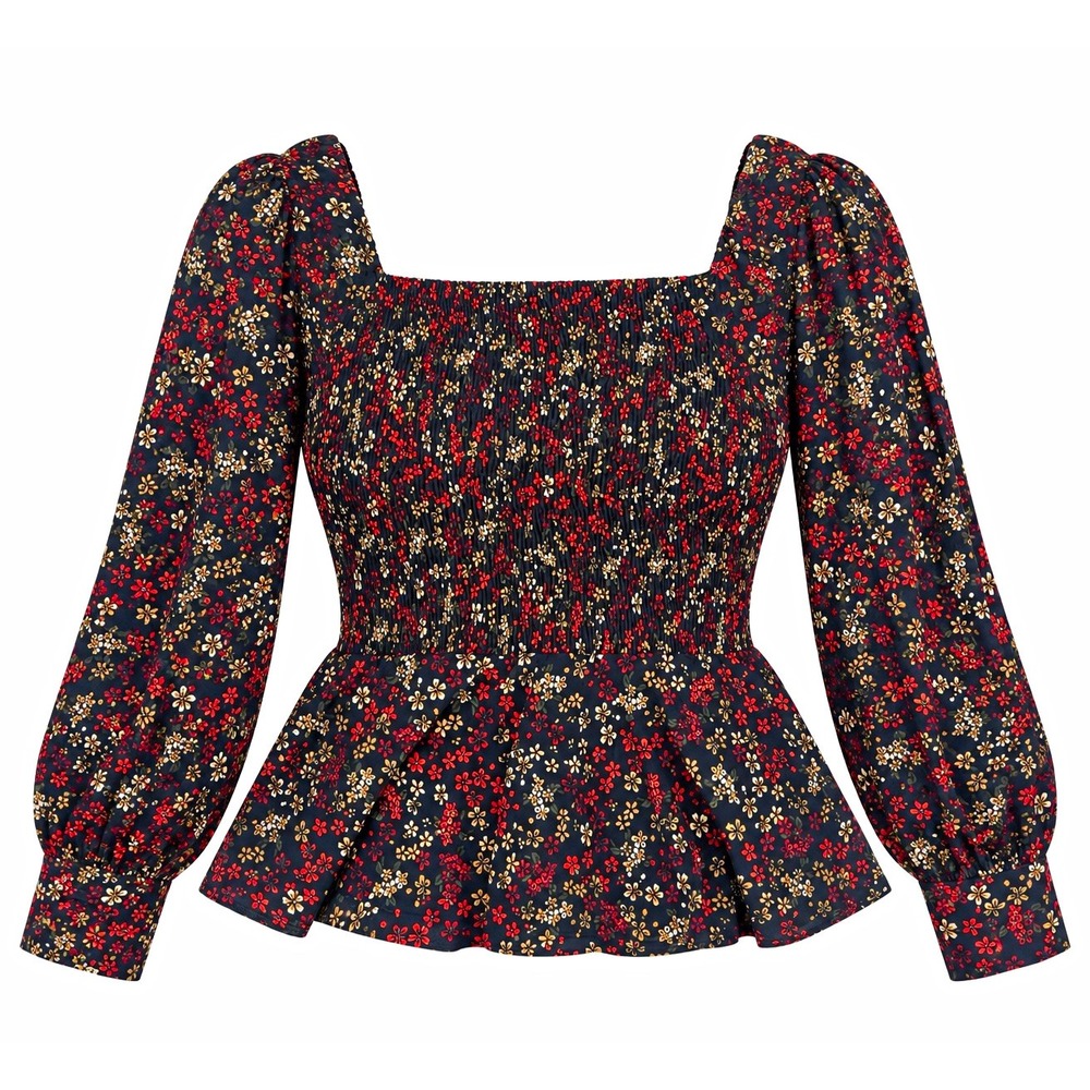Ember Womens XL Navy Floral Smocked Peplum Blouse Long Sleeve Boho Top